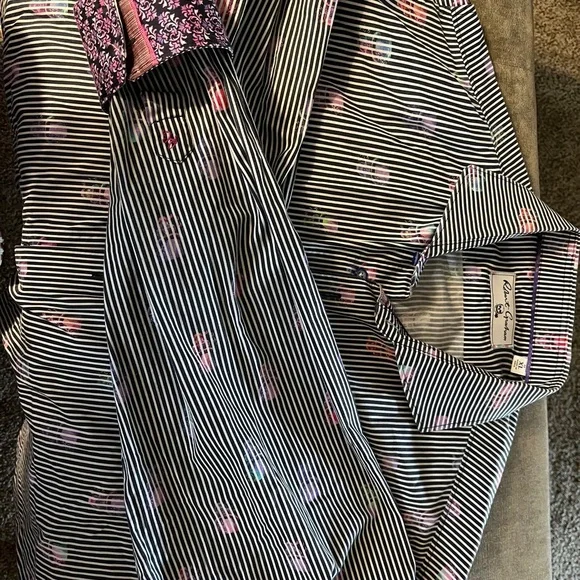 Robert Graham Black and White Striped Shirt with Subtle Floral Details - Picture 3 of 4